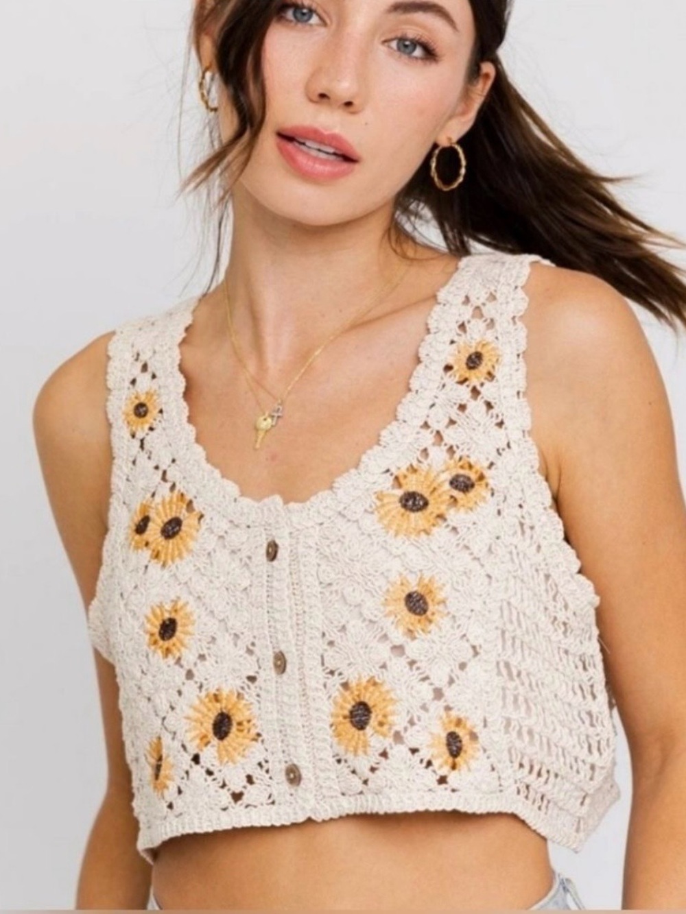 Rebellion Cream Crochet Sunflower Crop Top